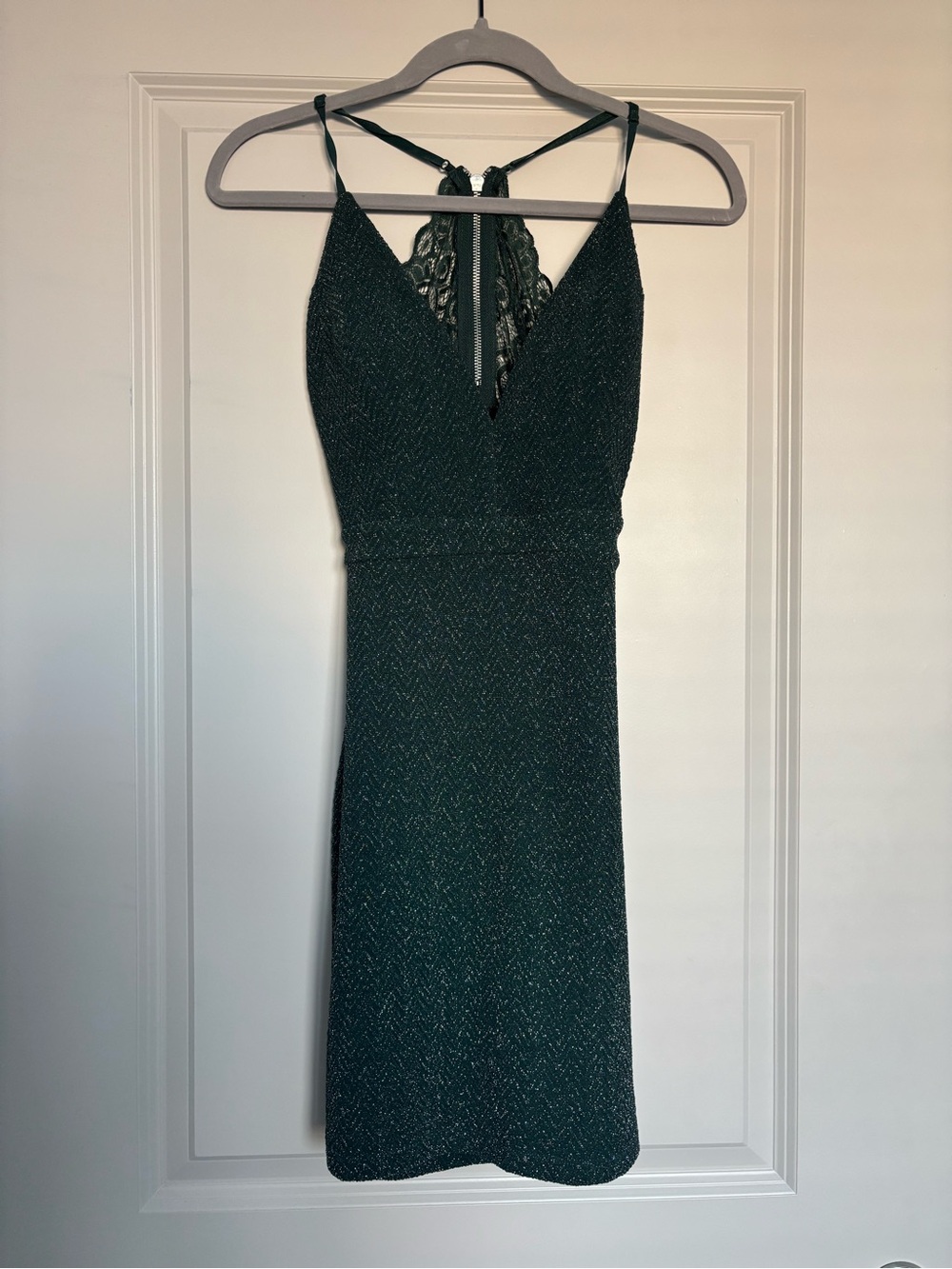 Honey and Rosie Deep V Sparkle Midi Dress in Dark Green